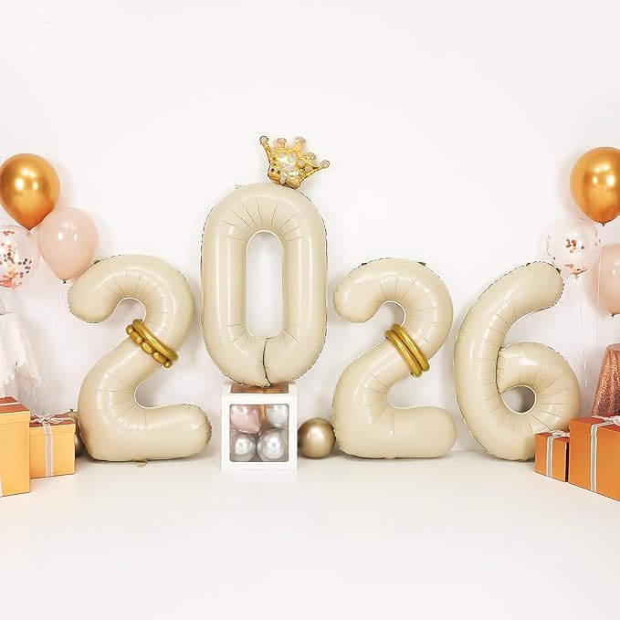2026 Balloons Beige,40 Inch 2026 Number Balloons with Foil Crown Balloons for Happy New Year Decorations New Years Eve 2026 Graduation Decorations Class of 2026 Party Supplies