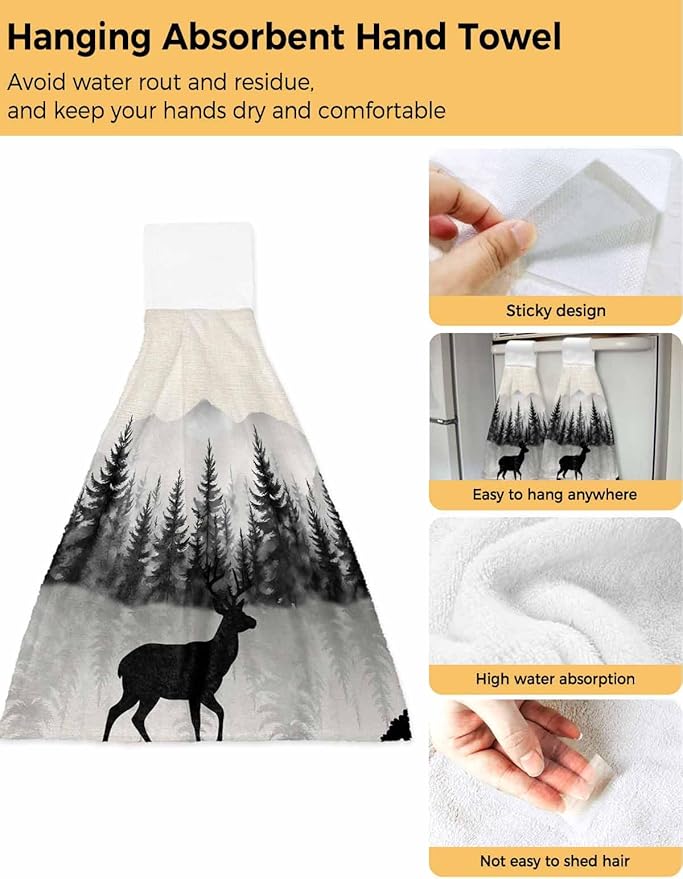 Alandar Home Kitchen Tie Towel Set of 2, Farmhouse Deer Sihouette Absorbent Soft Hand Towels for Bathroom Hanging Towels, Forest Tree Mountain on Linen Fast Drying Cleaning Cloth with Loop