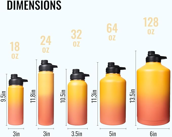 Fijinhom 32 oz Insulated Water Bottle with Handle, 304 Stainless Steel Water Bottles with Wide Mouth, Double Wall Vacuum Sports Water Bottle, BPA Free, Keep Cold and Hot, Yellow&Orange