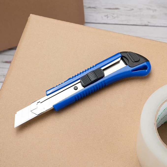 Handy Tek 6.5 Inch Utility Knives, 4 Anti-Slip Box Knives - Heavy Duty, Retractable, Blue Plastic Box Cutters, Built-In Lock, Sharp Blade - Restaurantware