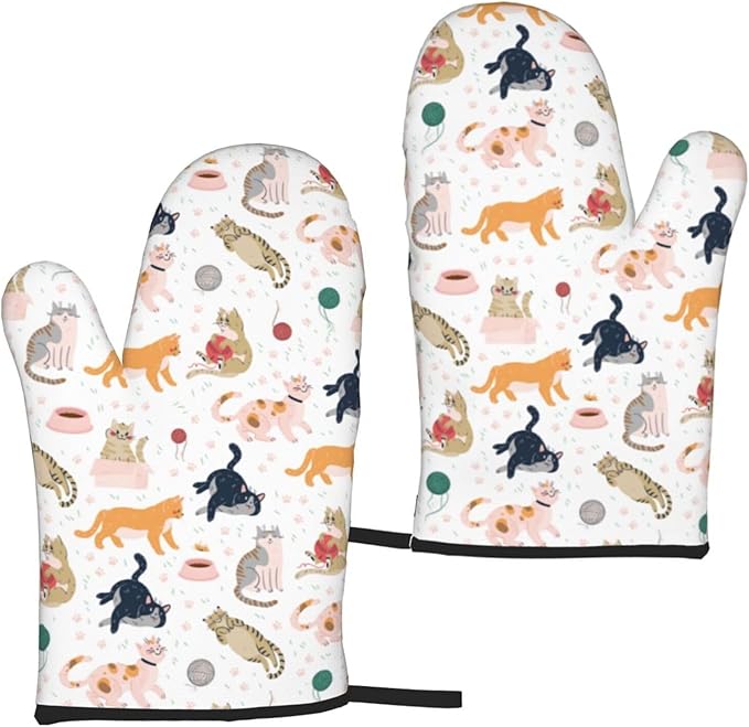 Cute Cat Design Oven Mitts of 2-Pack Set, Funny Kitchen Gloves Heat Resistant Non-Slip Kitchen Mitts Safe Cooking Baking Grilling