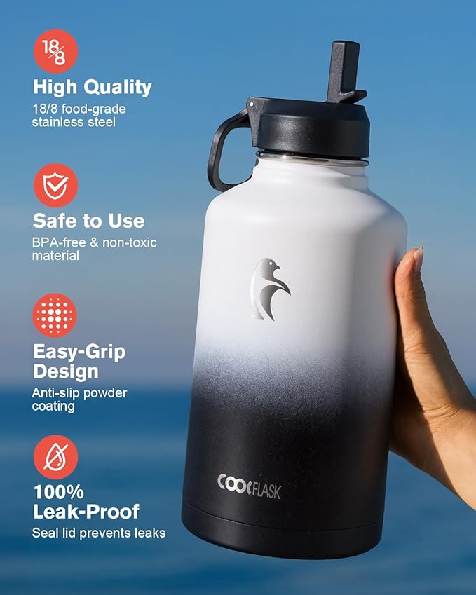 Coolflask Half Gallon Water Bottle Insulated with Straw & 3 Lids, 64 oz Water Jug Large Metal Stainless Steel Wide Mouth for Sports, Gym or Office, Non-BPA Keep Cold 48H Hot 24H, White & Black