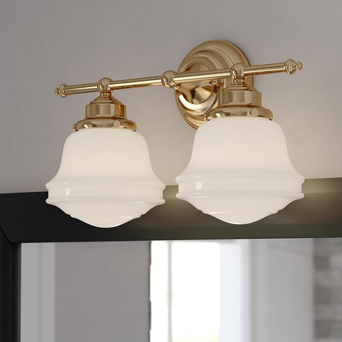 VAXCEL Huntley 2-Light 16 inch Wide Natural Brass Gold Farmhouse Bathroom Vanity Lighting Fixture, White Schoolhouse Milk Glass Globe Shade, Dimmable, LED Compatible, Over The Mirror Wall Mounted