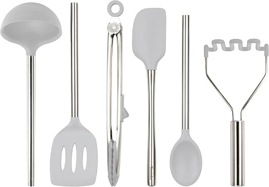 Tovolo Silicone Cooking Utensil Set of 6 Stainless Steel Handle Ladle Slotted Turner Tongs Flex Core Spatula Scraper Mixing Spoon & Potato Masher, Dishwasher Safe BPA Free Utensils, Oyster Gray