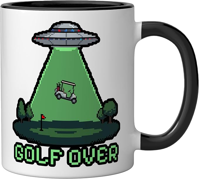Retro Funny GOLF OVER Pixel Art UFO Abducting Golf-Cart Ceramic Mug, Black/White
