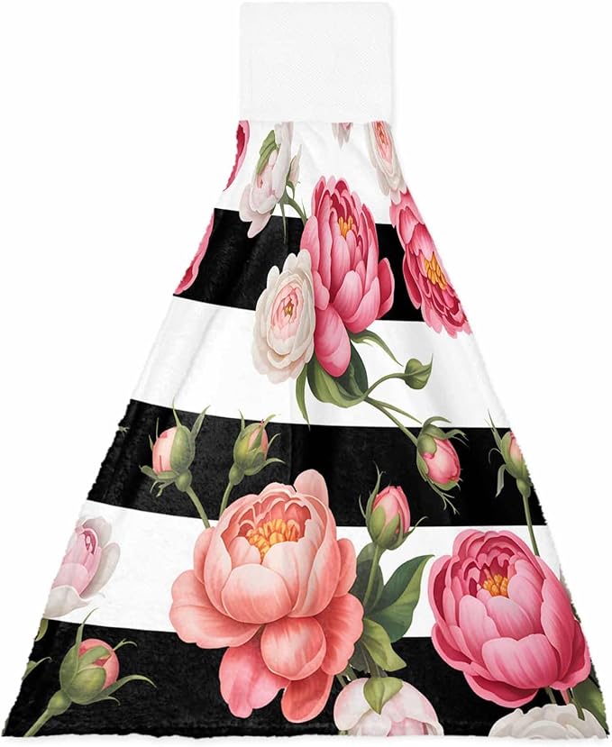 Alandar Home Kitchen Tie Towel Set of 1, Country Pink Rose Flowers Absorbent Soft Hand Towels for Bathroom Hanging Towels, Floral on Black White Striped Fast Drying Cleaning Cloth with Loop