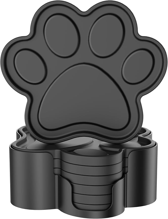 ME.FAN Silicone Coasters 6 Pack Paw Cup Mat with Holder, Dog Cat Paw Shape, for Hot or Cold Drink, Non-Slip, Non-Stick, Room Decor, Housewarming Black