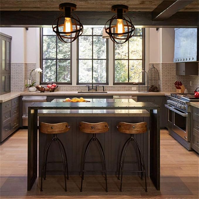 Industrial Metal Spherical Pendant Light, Hanging Cage Globe Ceiling Light Fixture, Semi-Flush Mount Pendant for Kitchen Dining Room Entryway Hallway
