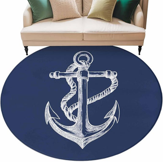 Washable Round Area Rug Marine Theme Anchor String Sketch Circle Rugs Floor Carpet for Living Room Bedroom, Watercolor Nautical Theme Soft Non Slip Round Rug 5ft