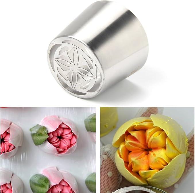 Extra Large Russian Piping Tip Set - 6 Stainless Steel Marshmallow Buttercream Framing Nozzles for 3D Roses Tulip Cake Decorations and Marshmallow Bouquets, Includes 1 Cleaning Brush(6F)