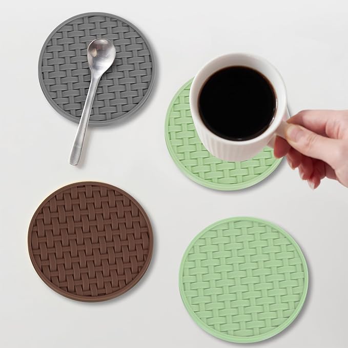 Green Silicone Drink Coasters Set of 6 with Holder, 4 Inch Round Non-Slip Heat-Resistant & Waterproof Cup Mats, Decorative Coasters for Coffee Table, Home, Kitchen, Office, Bar & Desk
