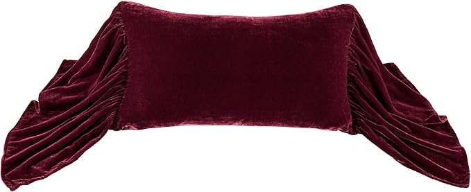 HiEnd Accents Stella Faux Silk Velvet Long Ruffled Pillow, 14x26 inch, Garnet Red, Romantic Western Modern Traditional Style Luxury Bedding, Decorative Throw Pillow