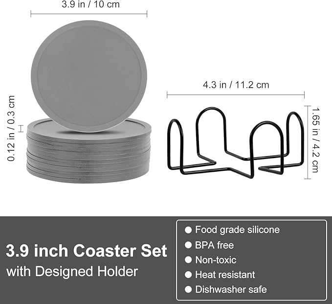Silicone Coasters Set of 12 with Holder,Heat Resistant Cup Mat Tabletop Protection,Coasters Set for Outdoor & Indoor Drinks - Anti Stain & Heat Resistant, Washable, Heat Resistant, Non-Slip(Grey)