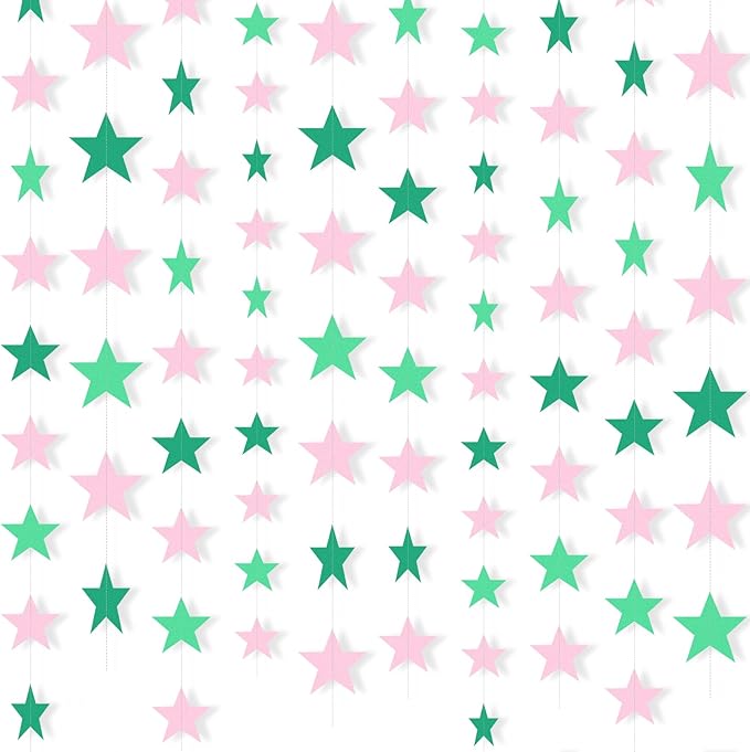 Patelai 130 Feet Glitter Star Garland Banner 2026 Party Decoration Double Side Star Hanging String Streamer Paper Twinkle for Graduation Wedding Birthday (Pink and Green)