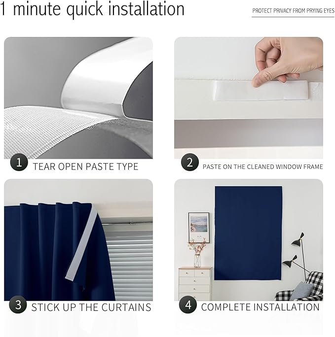 Self Adhesive Portable Blackout Curtains for Bedroom Easy to Install Window Thermal Lnsulated Kitchen Room Darkening Small Window Curtains, 35" W X 59" L, Navy Blue, 1 Panel