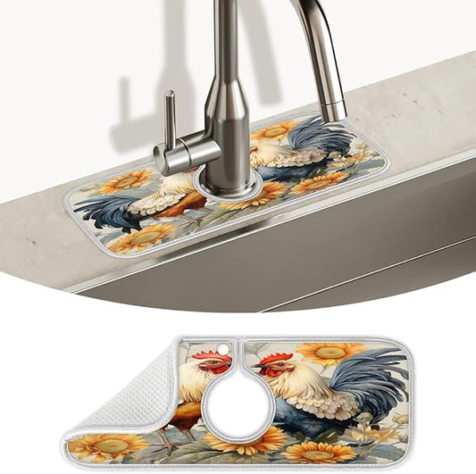 Vintage Country Rooster Sink Mat for Kitchen Faucet Absorbent Microfiber Faucet Mat Washable Sink Water Splash Guard Drip Catcher for Faucet