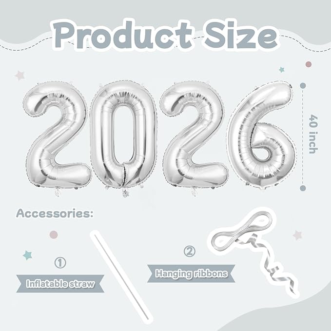 Silver 2026 Balloons, Jumbo 40 Inch Foil 2026 Number Balloons, Grad Balloons for Class of 2026 Graduation Party, Silver Matellic Foil New Year Birthday Home Office Party Supplies