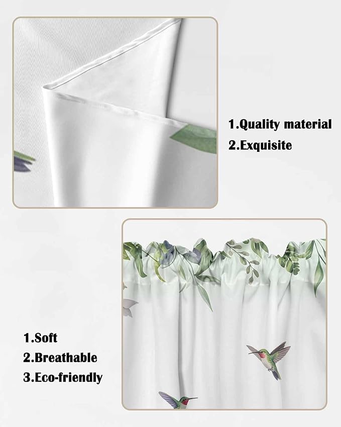 Leaf Swag Valance Curtains - Plants Leaves Green Hummingbird Watercolor Style Rod Pocket Kitchen Curtains Scalloped Window Treatment Valances Swag for Living Room, 1 Pair, 28" W x 36" L