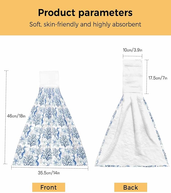 Alandar Home Kitchen Tie Towel Set of 1, Ocean Blue Seahorse Starfish Coral Absorbent Soft Hand Towels for Bathroom Hanging Towels, Watercolor Pearl Fast Drying Cleaning Cloth with Loop