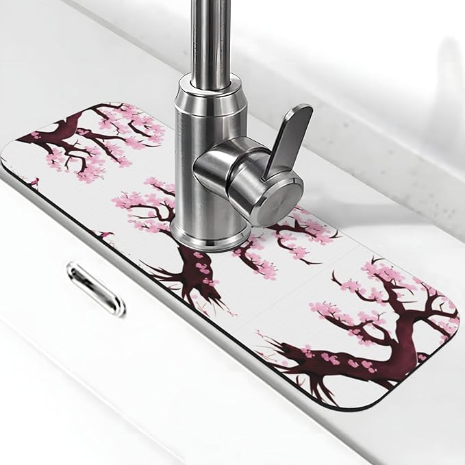 Cherry Blossoms Tree Printed Faucet Absorbent mat, Suitable for bathrooms, Kitchens, and Other Sink Areas.
