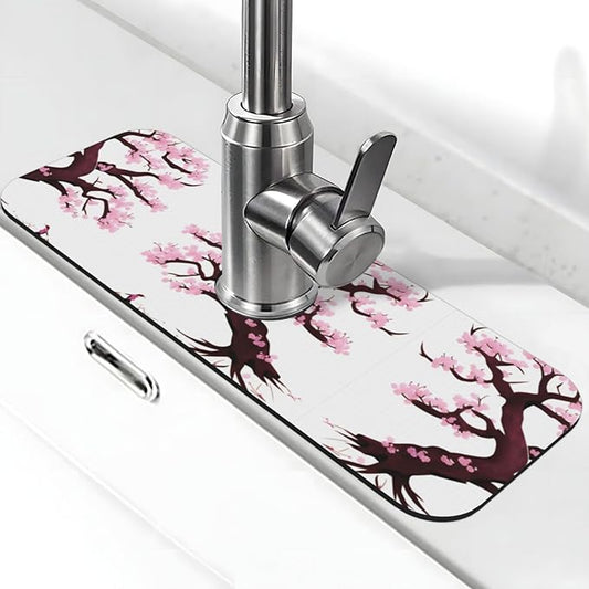 Cherry Blossoms Tree Printed Faucet Absorbent mat, Suitable for bathrooms, Kitchens, and Other Sink Areas.
