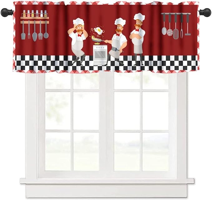 Funny Chef Kitchen Valance, Red Checkered Cartoon Chef Cooking Scene Rod Pocket Window Curtain for Kitchen Dining Resturant Bedroom Home Decor, 54x18Inch