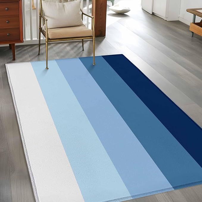 Area Rug 3x5ft, Minimalist Blue White Ombre Stripe Washable Rugs for Living Room Bedroom, Modern Gradient Art Soft Non-Slip Area Rugs Rectangle Floor Carpet for Dining Room