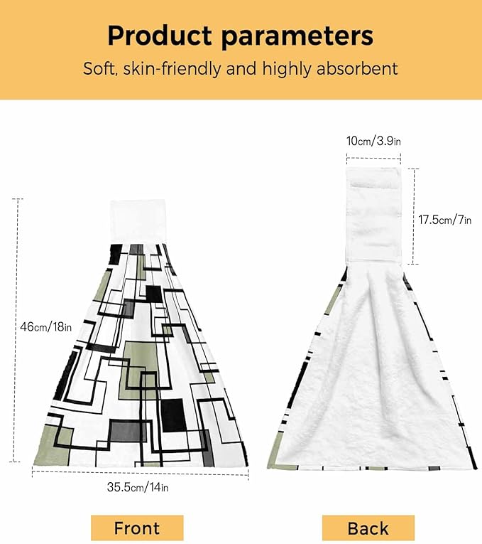 Alandar Home Kitchen Tie Towel Set of 2, Abstract Geometric Lines Art Absorbent Soft Hand Towels for Bathroom Hanging Towels, Green Black Color Block Fast Drying Cleaning Cloth with Loop