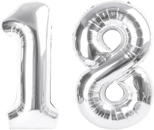 18 Balloons Number 40 Inch, Silver Birthday Decorations For Women Men, Big Number Balloons for 18 81 Wedding, Anniversaries, Celebration, Graduation