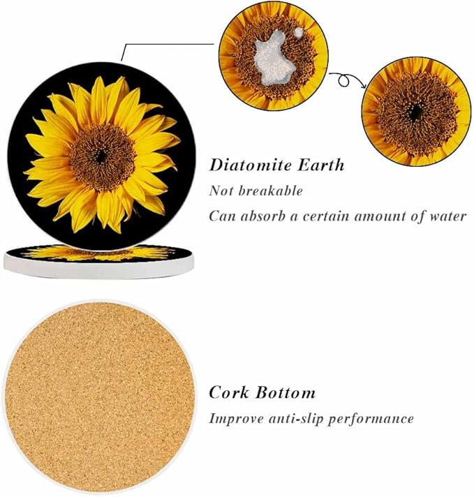 Yellow Sunflower Coasters Petal Bloom Plant Flower Dark Absorbent Drink Coaster Set of 2 Unique Beer Beverage Coasters for Coffee Table Cup Bar Coasters Cute Cork Ceramic Coasters