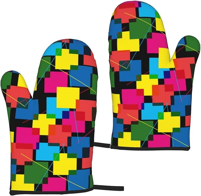 Colored Geometric Square Joined Patterns Oven Mitts of 2-Pack Set, Kitchen Gloves Heat Resistant Non-Slip Kitchen Mitts Safe Cooking Baking Grilling
