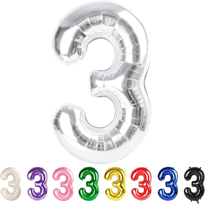 Numbers 3 Balloons Silver Party Decorations for Girl Boys, 40 In Big Three Balloons for Engagement, Wedding, Celebration Party, Graduations, Photo Shoot