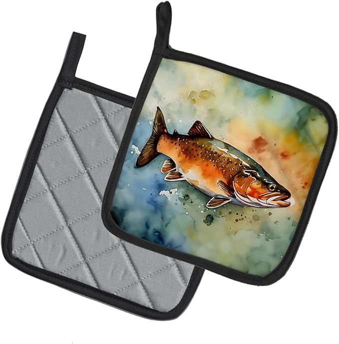 Caroline's Treasures Brown Trout Pair of Pot Holders Kitchen Heat Resistant Pot Holders Sets Oven Hot Pads for Cooking Baking BBQ, 7 1/2 x 7 1/2