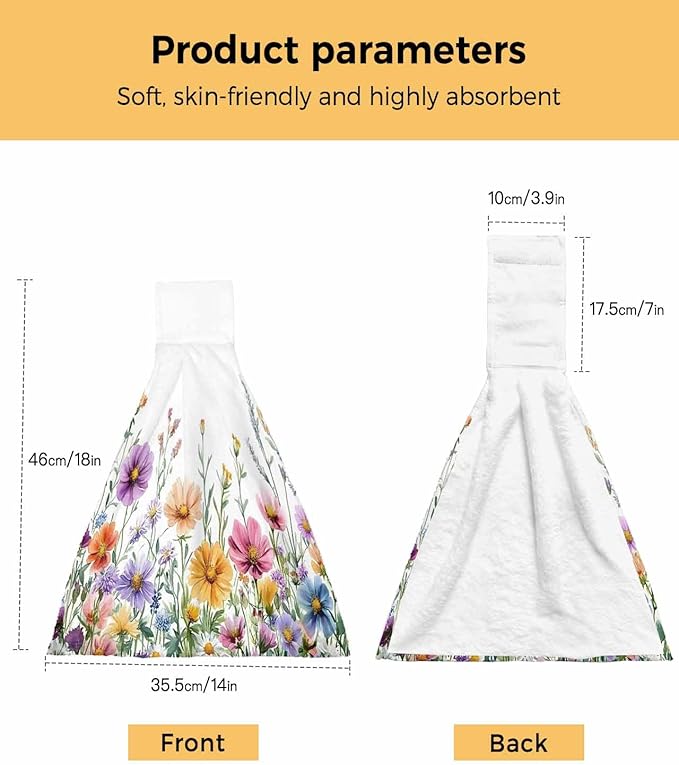 Alandar Home Kitchen Tie Towel Set of 1, Country Flower Leaf Watercolor Plant Absorbent Soft Hand Towels for Bathroom Hanging Towels, Wildflower Floral Fast Drying Cleaning Cloth with Loop