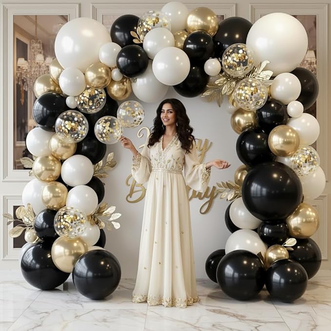 Black and Gold Balloon Arch Garland Kit 150pcs 2026 New Year's, Double Stuffed Pearl Sand White Black Chrome Gold Balloons Arch Kit for Graduation Father's Day Birthday Party Decoration