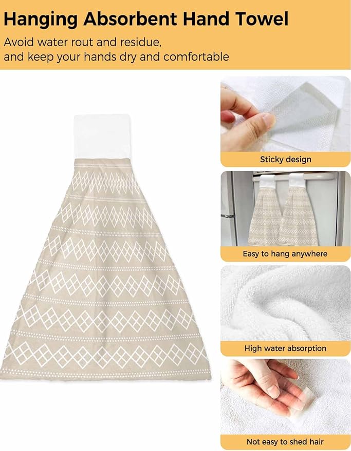 Alandar Home Kitchen Tie Towel Set of 1, Modern Dotted Line Square on Beige Absorbent Soft Hand Towels for Bathroom Hanging Towels, Abstract Geometric Texture Fast Drying Cleaning Cloth with Loop
