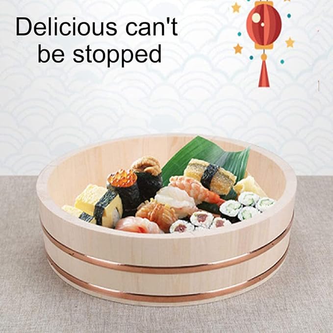 Round Sushi Rice Bowl with Shovel Wooden Hangiri Oke Sushi Rice Tub with Copper Band Rice Mixing Bowl Tub for Restaurant Home Kitchen 36x8cm (33x7.5cm)