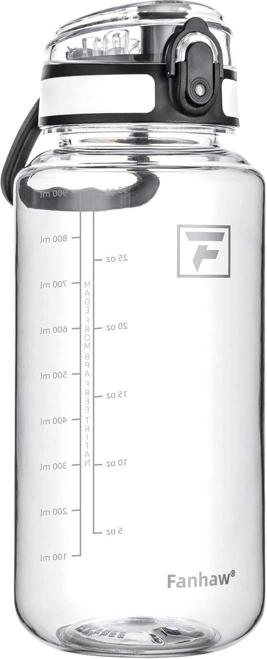 Fanhaw 32 Oz Clear Tritan Water Bottle, BPA-Free & Leak-Proof, Wide Mouth with Anti-dust Chug Lid, Reusable Plastic Bottle for Gym, Travel, School & Office (Clear&White)