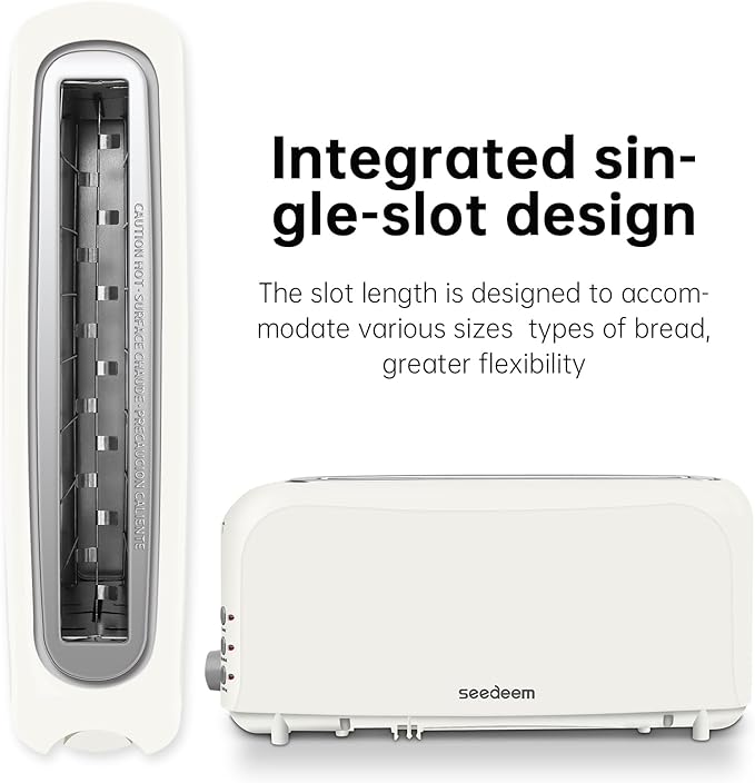SEEDEEM 2 Slice Slim Toaster, Single 10" Long Slot Toaster Fits Bagels & Artisan Bread, 6 Shade Settings, Cancel/Reheat/Defrost, Removable Crumb Tray, Auto Shut-Off, White