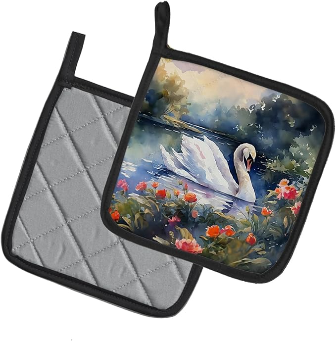 Caroline's Treasures Swan Pair of Pot Holders Kitchen Heat Resistant Pot Holders Sets Oven Hot Pads for Cooking Baking BBQ, 7 1/2 x 7 1/2