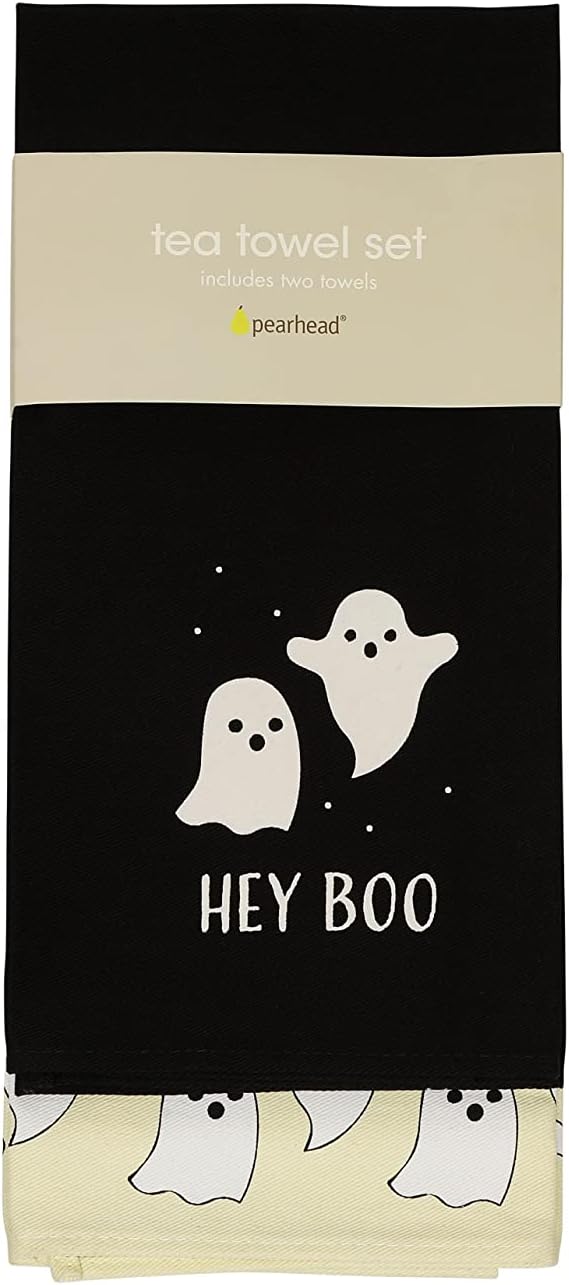 Pearhead Hey Boo Ghost Dish Towels for Kitchen, Halloween and Fall Decor, Spooky Season Gift Ideas, Set of 2
