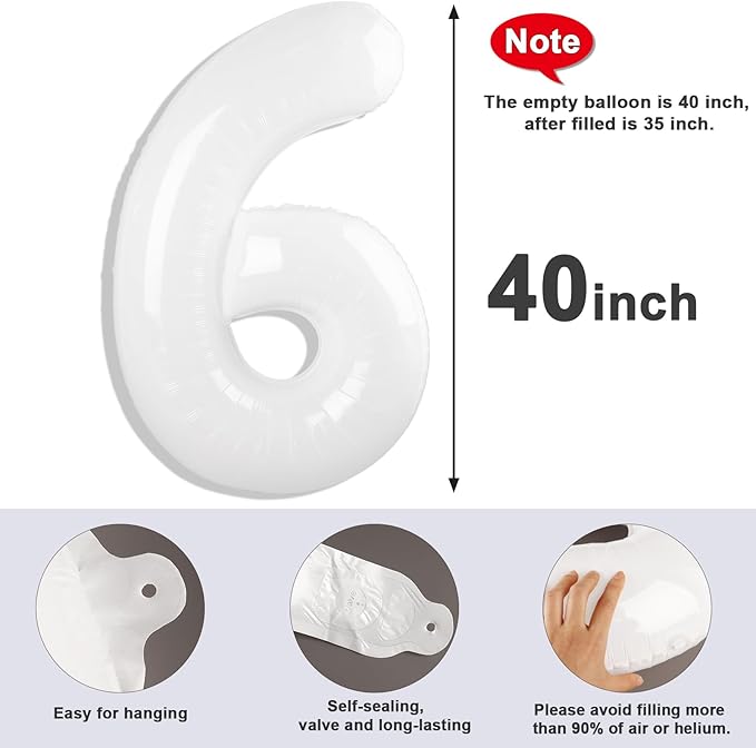 Number 6 Balloon 40 Inch, 6 7 Six Seven Birthday Decorations, 6th Birthday Balloon for Men Women, White 16 60 61 65 Numbers Balloons Party Wedding Events Decorations