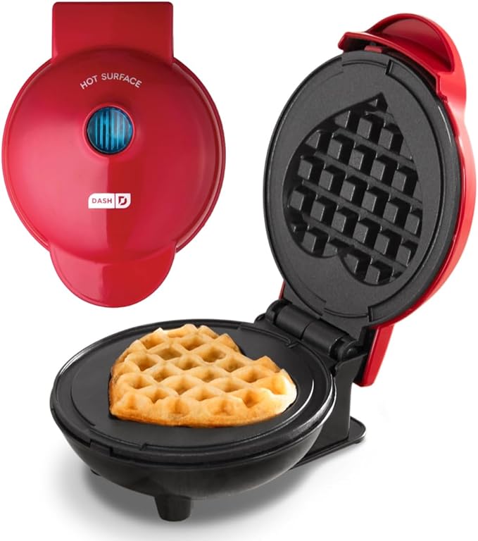 Dash Mini Waffle Maker- Mini Machine for Creative Homemade Treats - Nonstick Iron with Unique Print Design - Stylish Waffle Machine - Red Heart