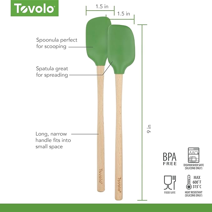 Tovolo Mini Spoon Spatula Wooden Handle Set for Cooking & Baking, Heat Resistant Safe for Cast Iron BPA Free Silicone Mixing Tool Natural Wood Perfect for Scraper Mixing Spooning, Pesto Green
