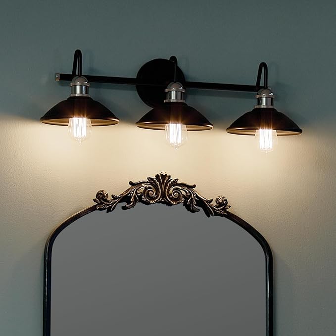 Kichler Clyde 3-Light Bathroom Vanity Light Fixture with Vintage Industrial Design in Black Finish, Wall Mount Over Mirror Lighting for Bathroom (7.25" x 26.5" x 8.25"), 45945BK