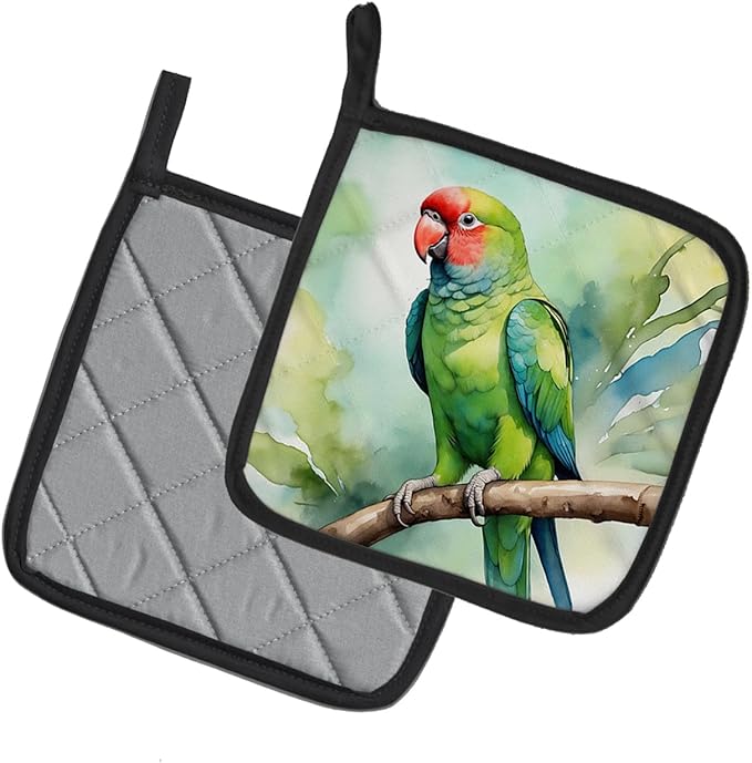 Caroline's Treasures African Ringneck Parrot Pair of Pot Holders Kitchen Heat Resistant Pot Holders Sets Oven Hot Pads for Cooking Baking BBQ, 7 1/2 x 7 1/2