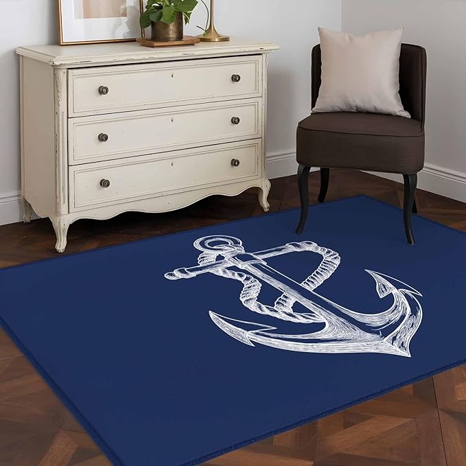 Area Rug 3x5ft, Marine Theme Anchor String Sketch Washable Rugs for Living Room Bedroom, Watercolor Nautical Theme Soft Non-Slip Area Rugs Rectangle Floor Carpet for Dining Room