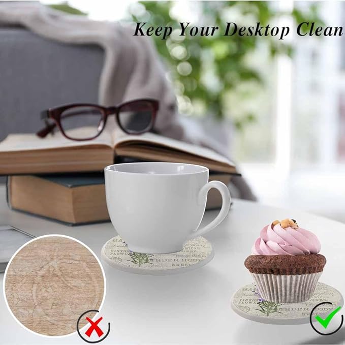Purple Lavender Coasters for Drinks Coasters for Table Ceramic Absorb Stone Coasters with Coffee Table Cork Base for Home Decor 2 Pcs