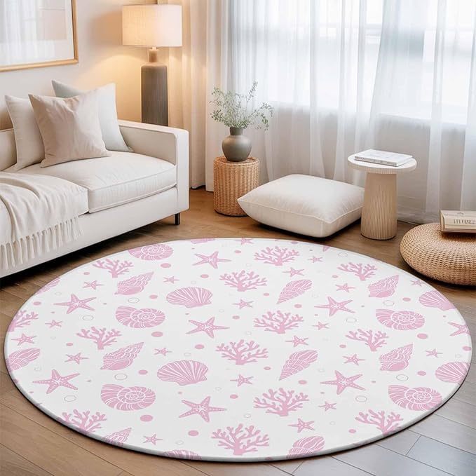 Washable Round Area Rug Pink Ocean Shell Conch Coral Starfish Circle Rugs Floor Carpet for Living Room Bedroom, Summer Marine Theme Soft Non Slip Round Rug 3ft