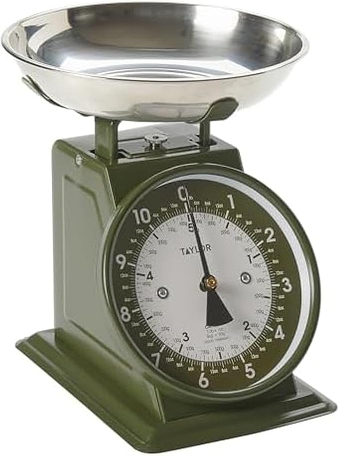 Taylor Analog Kitchen Scale, Stainless Steel Mechanical Food Scale with Removable Bowl, 11 lb Capacity, Large 5-Inch Dial, Battery-Free Design for Baking and Meal Prep